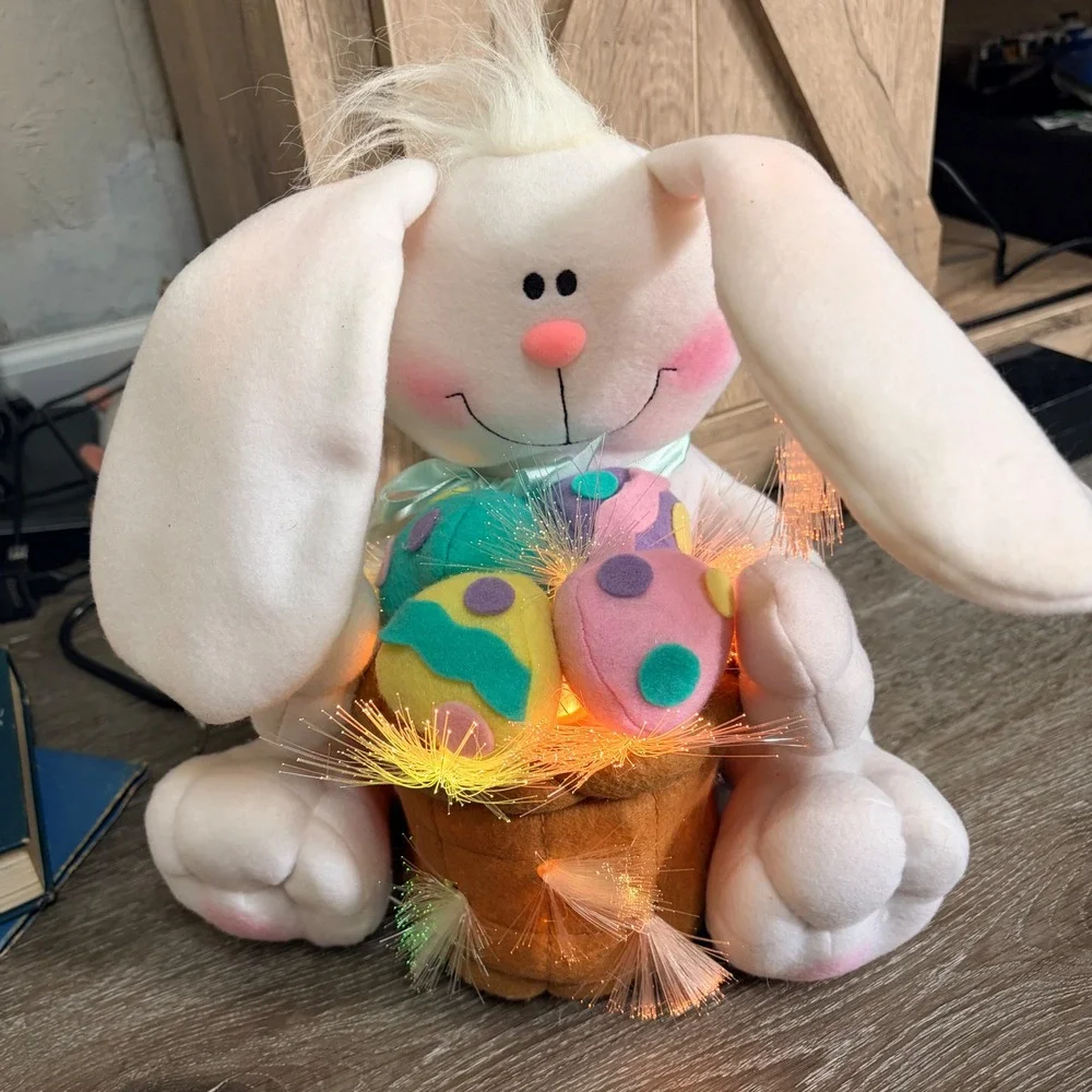 Vintage Fiber Optic Light Up Easter Bunny Plush Basket with Eggs Style Decor